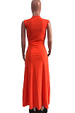 Wine Red Euramerican Women Sexy V Collar Ruffle Sleeveless Solid Color High Waist Long Dress OMY0029-2