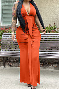 Orange Euramerican Women Sexy V Collar Ruffle Sleeveless Solid Color High Waist Long Dress OMY0029-1