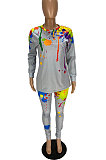 Gray Casual Splash-Ink Printing Long Sleeve Round Neck Jumper Sweat Pants Two-Piece WJ5113-2