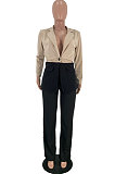 Khaki Wholesal Women Spliced Long Sleeve Lapel Neck Small Suits Casual Long Pants OA Sets WJ5082-1