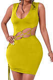 Yellow Euramerican Women V Collar Low-Cut Crop Sexy Bangdage Holliw Out Solid Color Mini Dress PH1221-2