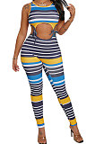Blue Women Multicolor Stripe Crop Sexy Condole Belt Sleeveless Pants Sets PH1222-3