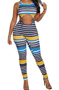 Blue Women Multicolor Stripe Crop Sexy Condole Belt Sleeveless Pants Sets PH1222-3