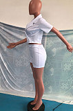 White Women Trendy Turn-Down Collar Solid Color Short Sleeve Shorts Sets OMY0031-1