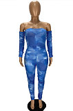 Blue Sexy Tie Dye Printing Spliced Sleeve Strapless Ruffle Boycon Jumpsuits WJ5107 