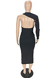 Black New Pure Color Oblique Shoulder One Sleeve Backless Slim Fitting Bodycon Dress WJ5228-3