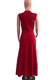 Wine Red Euramerican Women Sexy V Collar Ruffle Sleeveless Solid Color High Waist Long Dress OMY0029-2