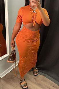 Orange Cotton Blend Short Sleeve Round Neck Ruffle Long Skirt Solid Color Two-Piece WJ5227-3