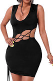 Black Euramerican Women V Collar Low-Cut Crop Sexy Bangdage Holliw Out Solid Color Mini Dress PH1221-1