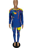 Blue Casual Splash-Ink Printing Long Sleeve Round Neck Jumper Sweat Pants Two-Piece WJ5113-3