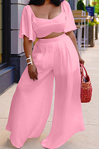 Pink New Wholesal Loose Sleeeve Strapless Wide Leg Pants Solid Color Casual Sets WA7206-4
