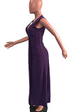 Purple Euramerican Women Sexy V Collar Ruffle Sleeveless Solid Color High Waist Long Dress OMY0029-3