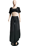 Black New Wholesal Loose Sleeeve Strapless Wide Leg Pants Solid Color Casual Sets WA7206-5