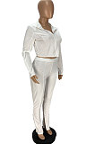 White Fashion Pure Color Long Sleeve Stand Neck Zipper Blouse High Waist Split Pants Sport Sets WJ5105-1