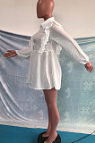 White Women Pure Color Long Sleeve Flounce Turn-Down Collar Single-Breasted High Waist T Shirt/Shirt Dress  OMY0030-1