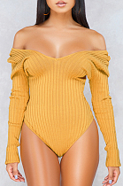 Yellow Sexy Casual Ribber Long Sleeve V Neck Solid Color Bodycon Romper Shorts WY6502-3