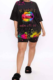 Black Women Short Sleeve Round Collar Fashion Lip Printing Plus Shorts Sets PH1226
