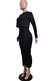 Blue Wholesal Long Sleeve Round Collar Jumper Ruffle Long Skirts Casual Sets WY6850-3