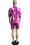 Purple Tie Eye Print Short Sleeve Lapel Neck Single-Breasted Shirt Shorts Two-Piece WA77209-1