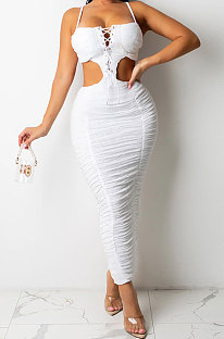 White Trendy Pure Color Women Sexy Condole Belt Bandage Strapless Backless Ruffle Dew Waist Long Dress XZ5287-1