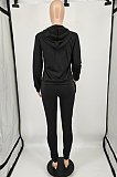 Black New Casual Long Sleeve Zippet Hoodie Sweat Pants Solid Color Two-Piece YM216-1
