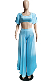 Sky Blue New Wholesal Loose Sleeeve Strapless Wide Leg Pants Solid Color Casual Sets WA7206-1