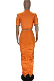 Orange Cotton Blend Short Sleeve Round Neck Ruffle Long Skirt Solid Color Two-Piece WJ5227-3
