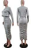 Gray Wholesal Long Sleeve Round Collar Jumper Ruffle Long Skirts Casual Sets WY6850-2