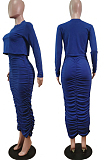 Blue Wholesal Long Sleeve Round Collar Jumper Ruffle Long Skirts Casual Sets WY6850-3