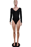 Black Sexy Casual Ribber Long Sleeve V Neck Solid Color Bodycon Romper Shorts WY6502-1