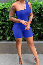 Blue Summer Wholesal Oblique Shoulder Slim Fitting Solid Color Romper Shorts YSH6233-3