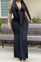 Black Euramerican Women Sexy V Collar Ruffle Sleeveless Solid Color High Waist Long Dress OMY0029-4