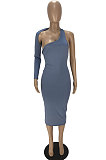Gray New Pure Color Oblique Shoulder One Sleeve Backless Slim Fitting Bodycon Dress WJ5228-2