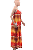 Red Women Printing Loose Pocket Condole Belt Long Dress PH1233-2
