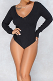 White Sexy Casual Ribber Long Sleeve V Neck Solid Color Bodycon Romper Shorts WY6502-4