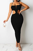 Black Trendy Pure Color Women Sexy Condole Belt Bandage Strapless Backless Ruffle Dew Waist Long Dress XZ5287-2