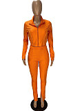 Orange Fashion Pure Color Long Sleeve Stand Neck Zipper Blouse High Waist Split Pants Sport Sets WJ5105-2