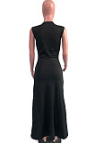 Black Euramerican Women Sexy V Collar Ruffle Sleeveless Solid Color High Waist Long Dress OMY0029-4