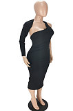 Black New Pure Color Oblique Shoulder One Sleeve Backless Slim Fitting Bodycon Dress WJ5228-3