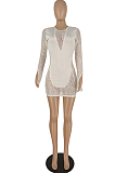 White Sexy High Elastic Lace Spliced Long Sleeve Round Neck Solid Color Slim Fitting Hip Dress YYZ864