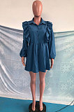 Blue Women Pure Color Long Sleeve Flounce Turn-Down Collar Single-Breasted High Waist T Shirt/Shirt Dress OMY0030-2