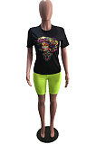 Neon Green Summer Patterns Printing Short Sleeve Round Collar T-Shirts Shorts Sport Sets YSH6232-3