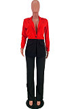 Red Wholesal Women Spliced Long Sleeve Lapel Neck Small Suits Casual Long Pants OA Sets WJ5082-2