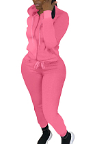 Pink New Casual Long Sleeve Zippet Hoodie Sweat Pants Solid Color Two-Piece YM216-7
