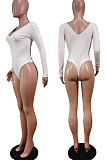 Brown Sexy Casual Ribber Long Sleeve V Neck Solid Color Bodycon Romper Shorts WY6502-2