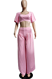 Blue New Wholesal Loose Sleeeve Strapless Wide Leg Pants Solid Color Casual Sets WA7206-2