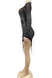 Apricot Night Club Mesh See-Through Hot Drilling Tassel Long Sleeve Round Collar Slim Fitting Mini Dress XZ5216-2