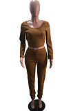 Black Simple Long Sleeve Low-Cut Crop Top Long Pants Solid Color Sport Sets YSH6209-2