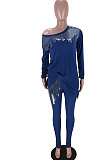 Blue Casual Sequins Long Sleeve Round Neck Loose Top Bodycon Pants Two-Piece TZ10863-4