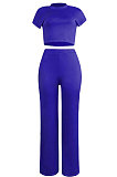 Light Blue Euramerican Sexy Women Dew Waist Short Sleeve Pocket Pure Color Pants Sets KF61-8